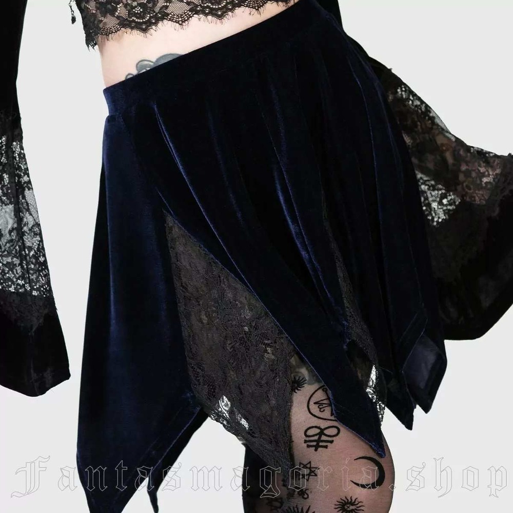 Killstar lester mini skirt black‎ velvet lace handkerchief hem size XS